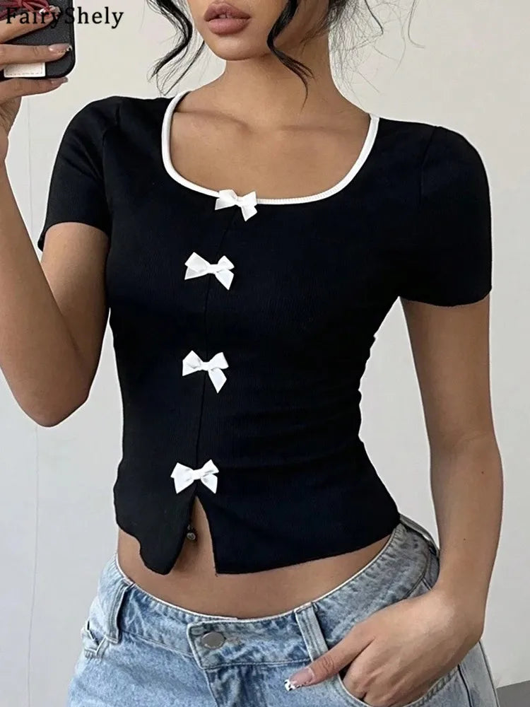 Fairyshely 2026 Summer Square Neck Short T-shirt Women Sexy Sho...