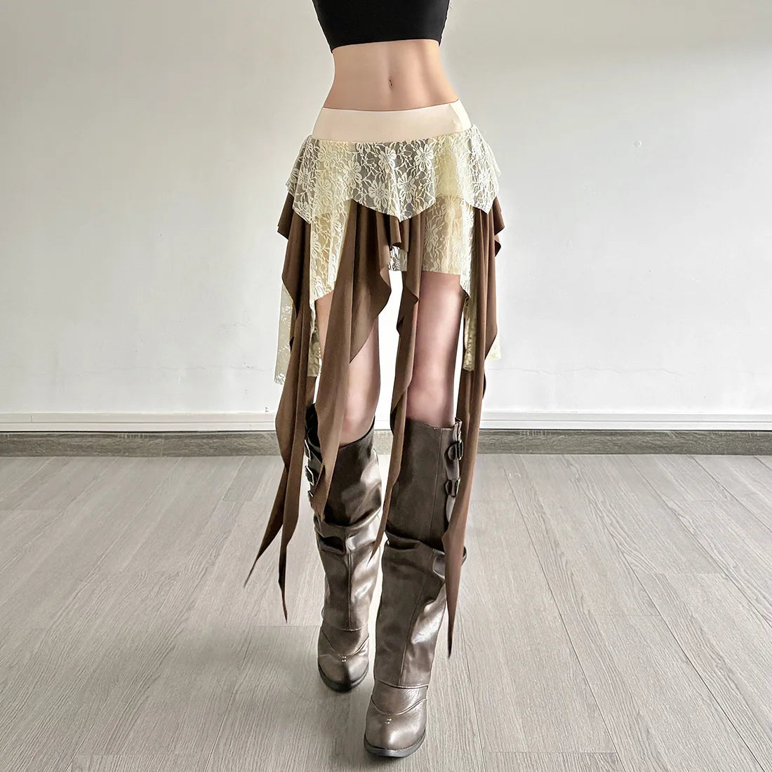 Hotsweet Girl Lace Fringe Skirt Y2k Aesthetic Cyber Grunge Irregular Mini Skirt Women 90s Vintage Fairy Coquette Short Skirt