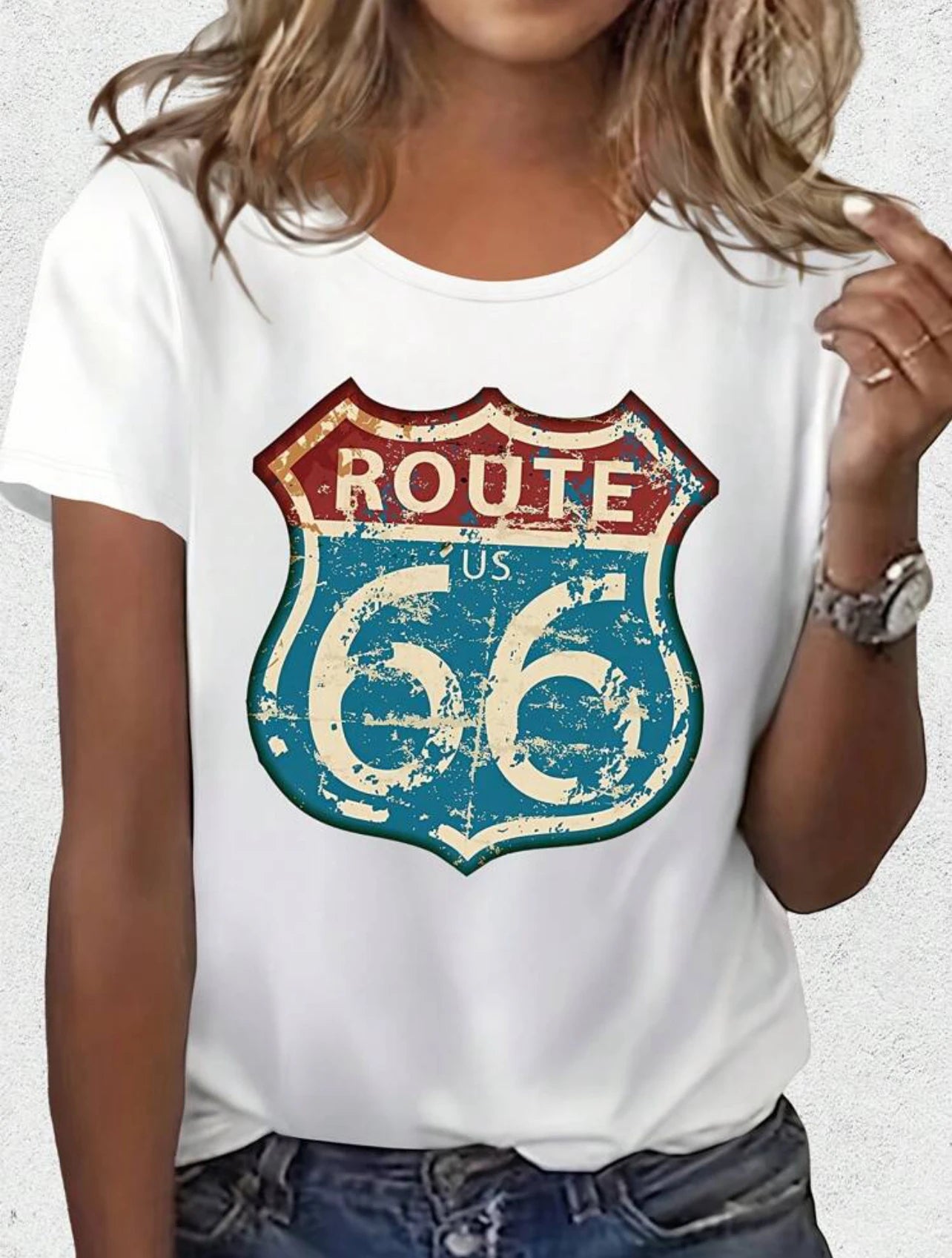 Women's short-sleeved round-neck casual T-shirt with the ROUTE 66 letter pattern printed on it