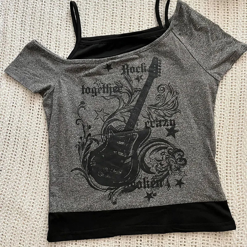 Y2k Slim Fit Print Tops Women Off Shoulder Short Sleeve Tee Shi...
