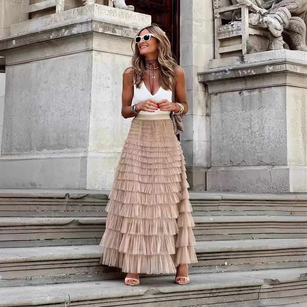 Customizable Summer Elegant High-waisted Cake Skirt Solid Color Loose-fit Long Dress For Commuting Pink Cake Patchwork Skirt